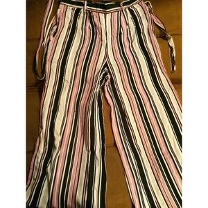 Womens Pink & Multi Colored Wide Leg Striped Belted Pants size L...(B3)